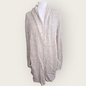 Eddie‎ Bauer Women's Beige Knit Hooded Cardigan Sweater Size Large Linen Blend